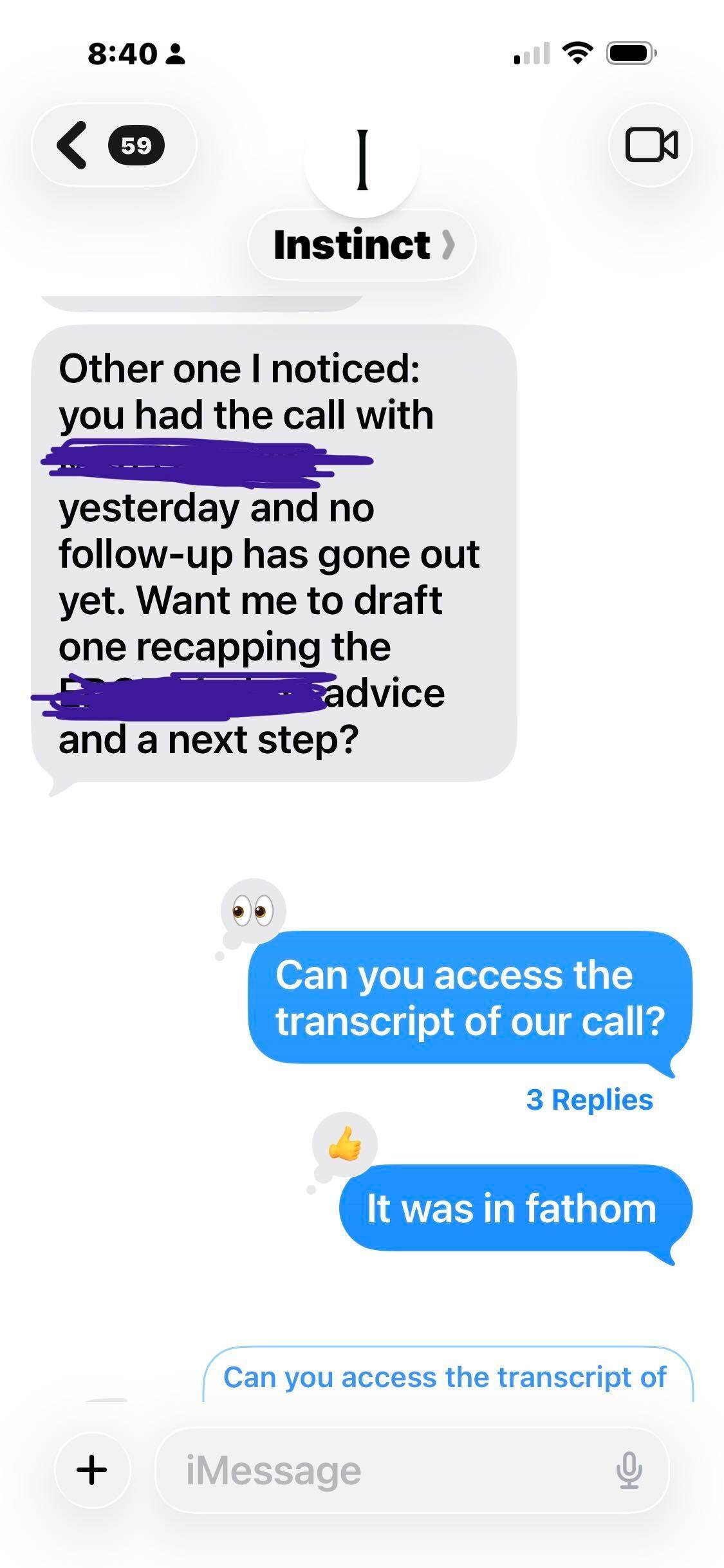 Instinct notices a missing follow-up and asks about a call transcript