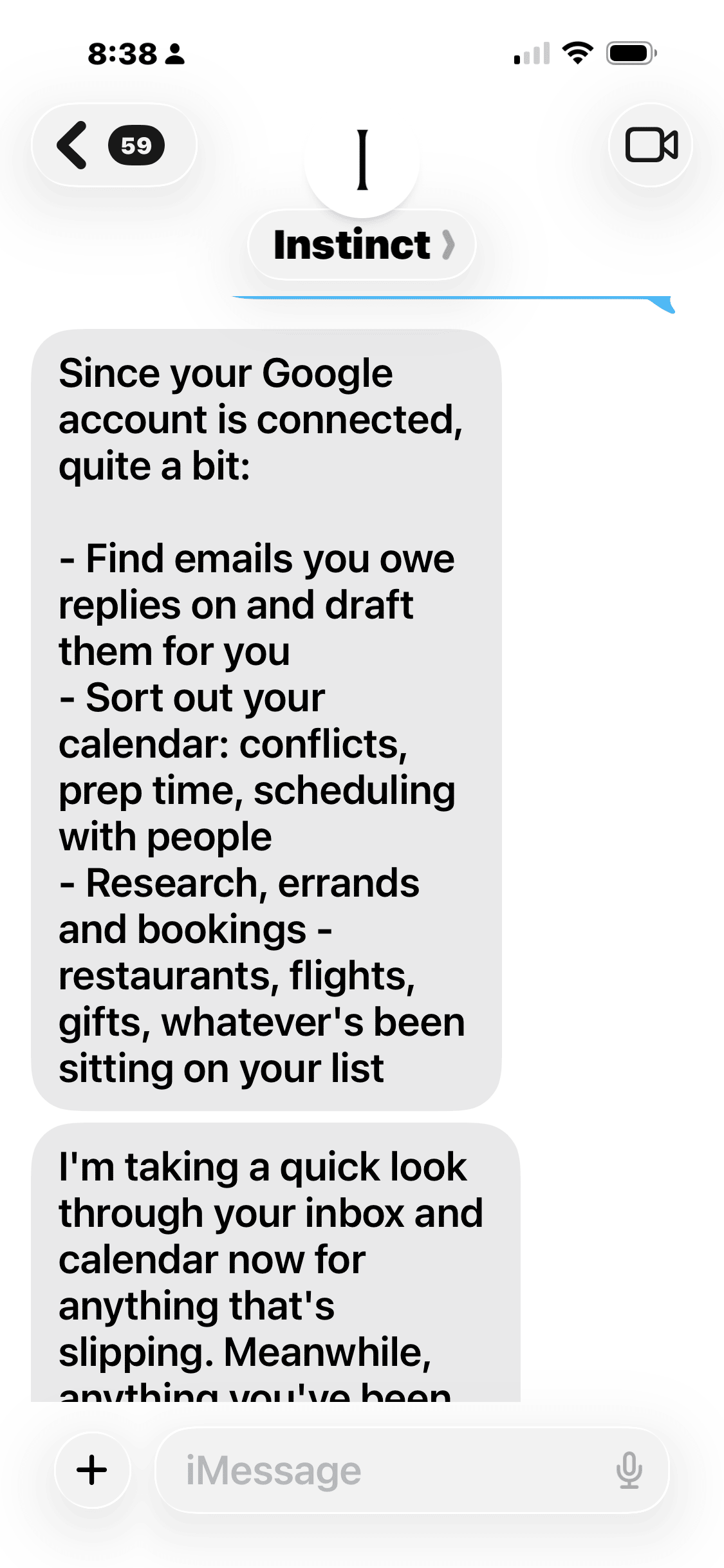 Instinct lists email, calendar, research, errands, and booking tasks