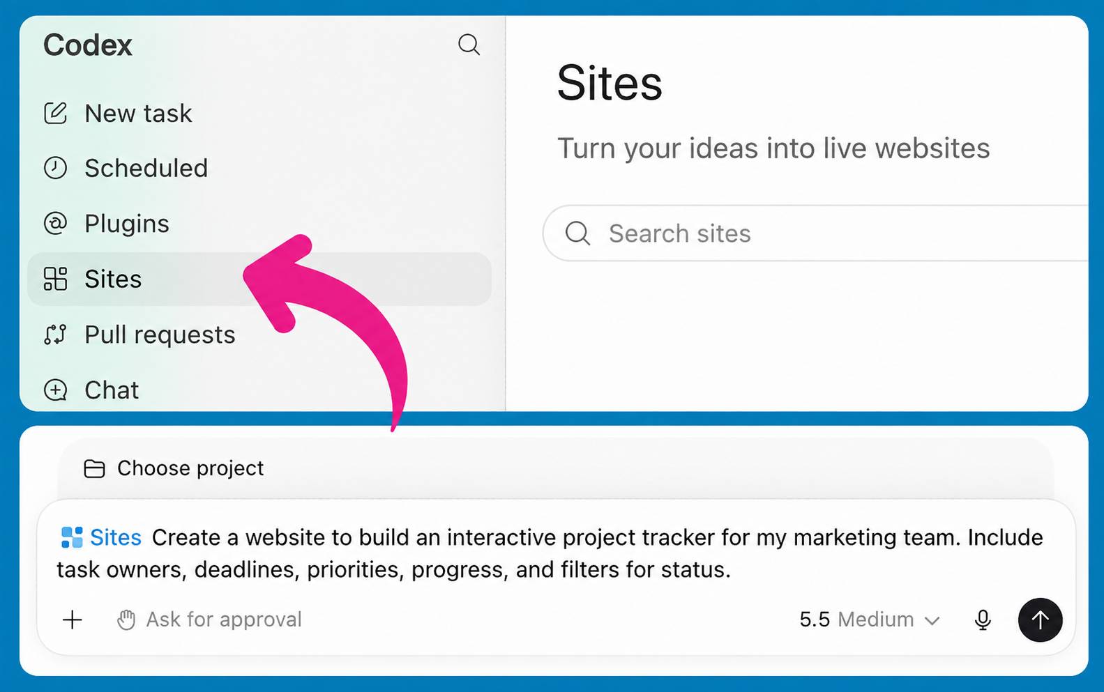 Codex Sites website-building interface