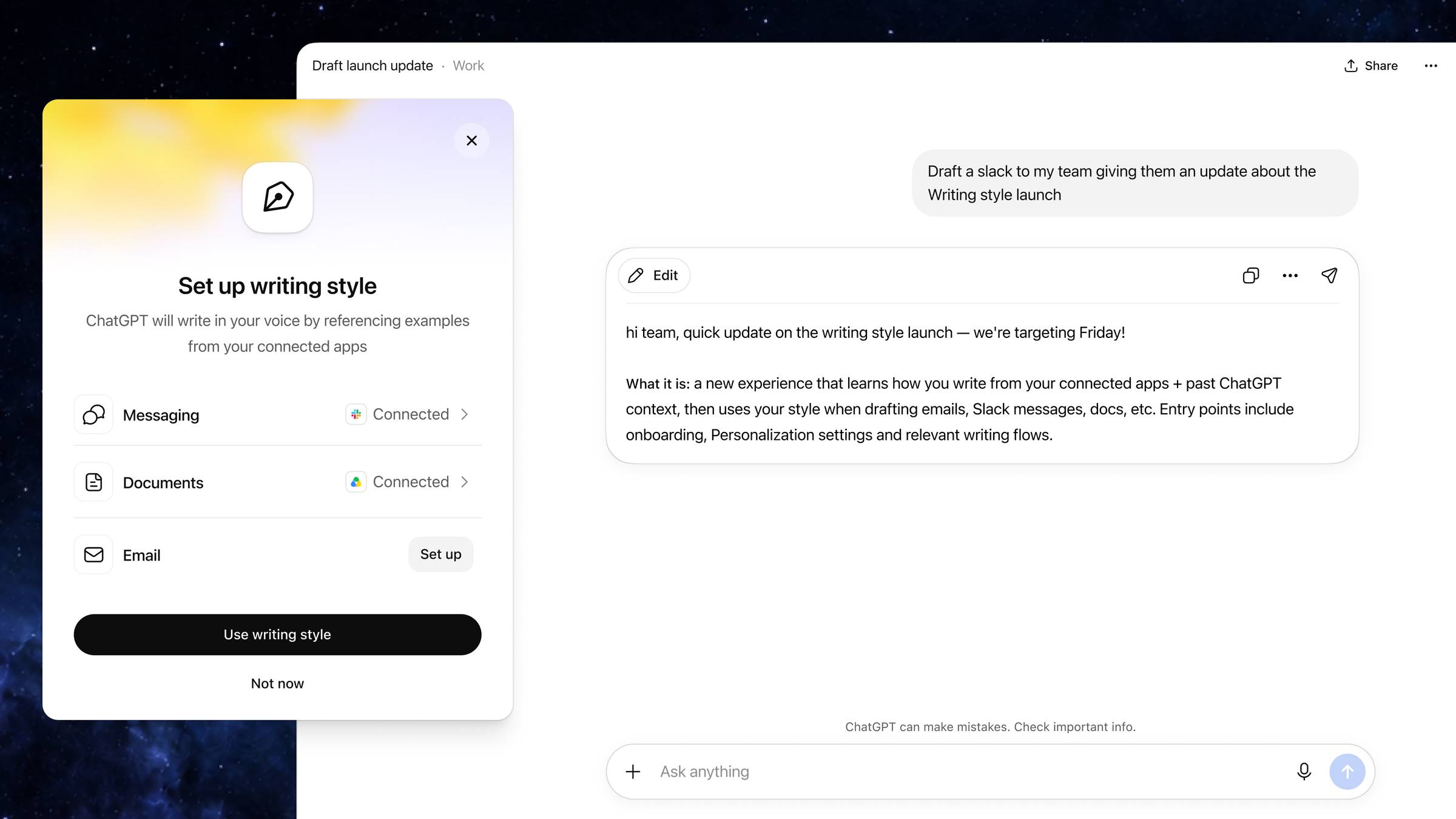 ChatGPT writing-style setup screen