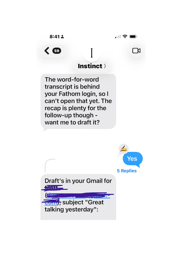Instinct finds a word-for-word call transcript in Gmail