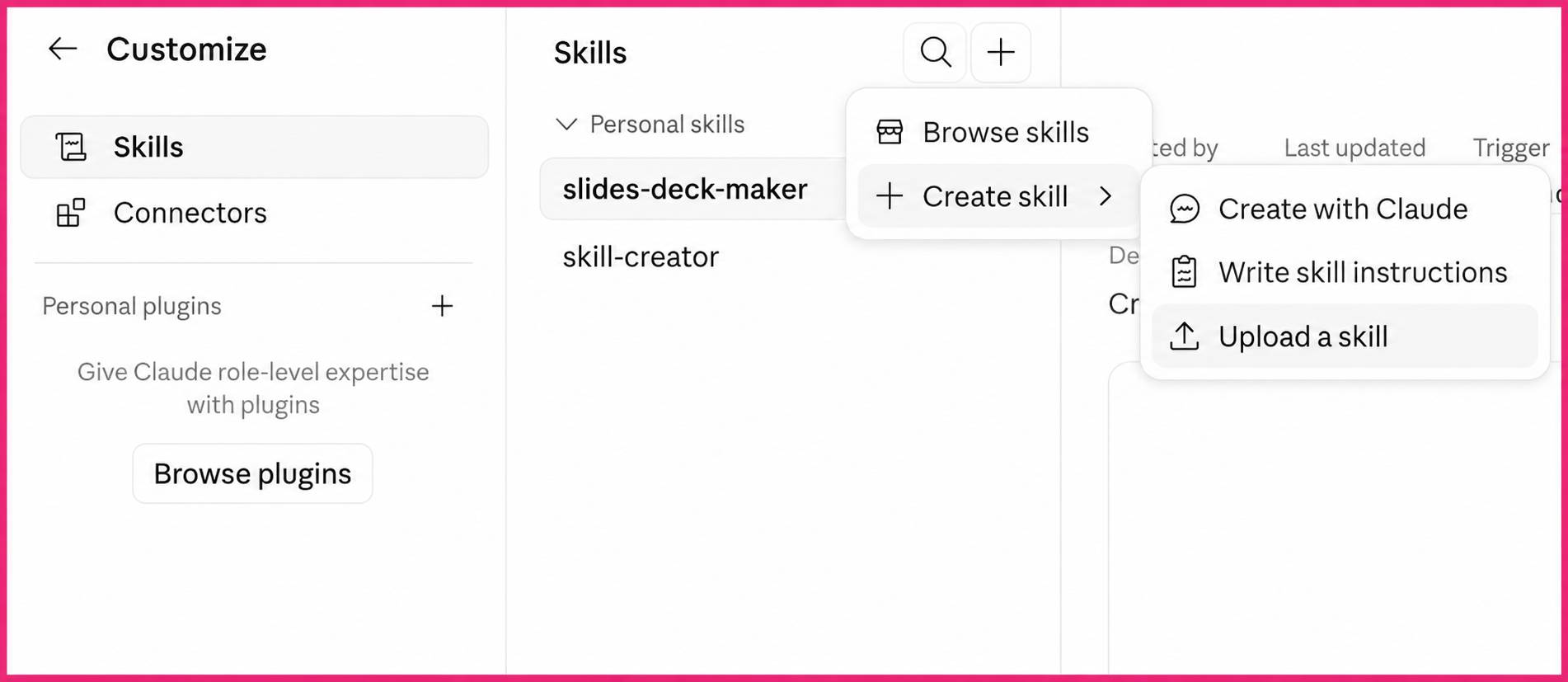 Claude Create skill menu