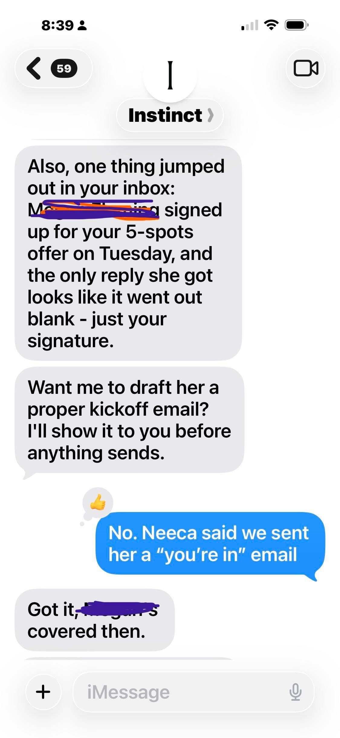 Instinct offers to draft a kickoff email after finding an unsigned form