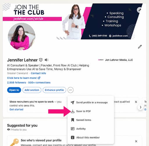 Jen Lehner LinkedIn profile with Save to PDF highlighted