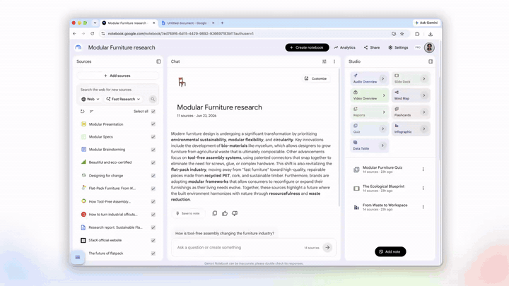 Gemini Notebook modular furniture research with sources, chat, and Studio tools