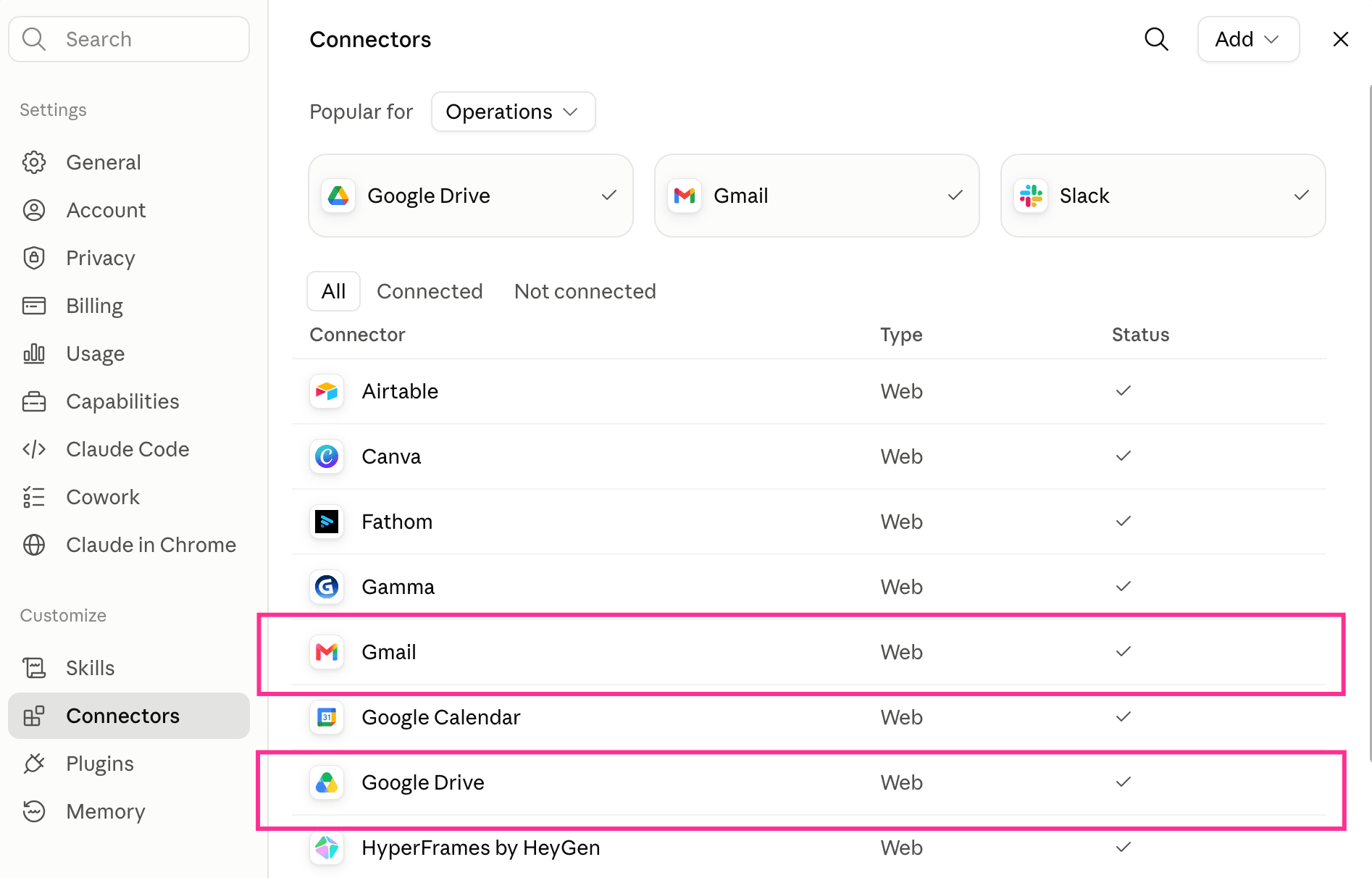Claude connectors including Gmail, Calendar, and Drive