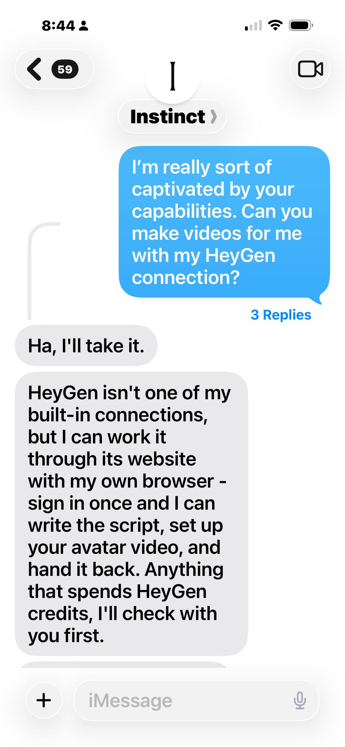 Jen asks Instinct to create videos using her HeyGen account