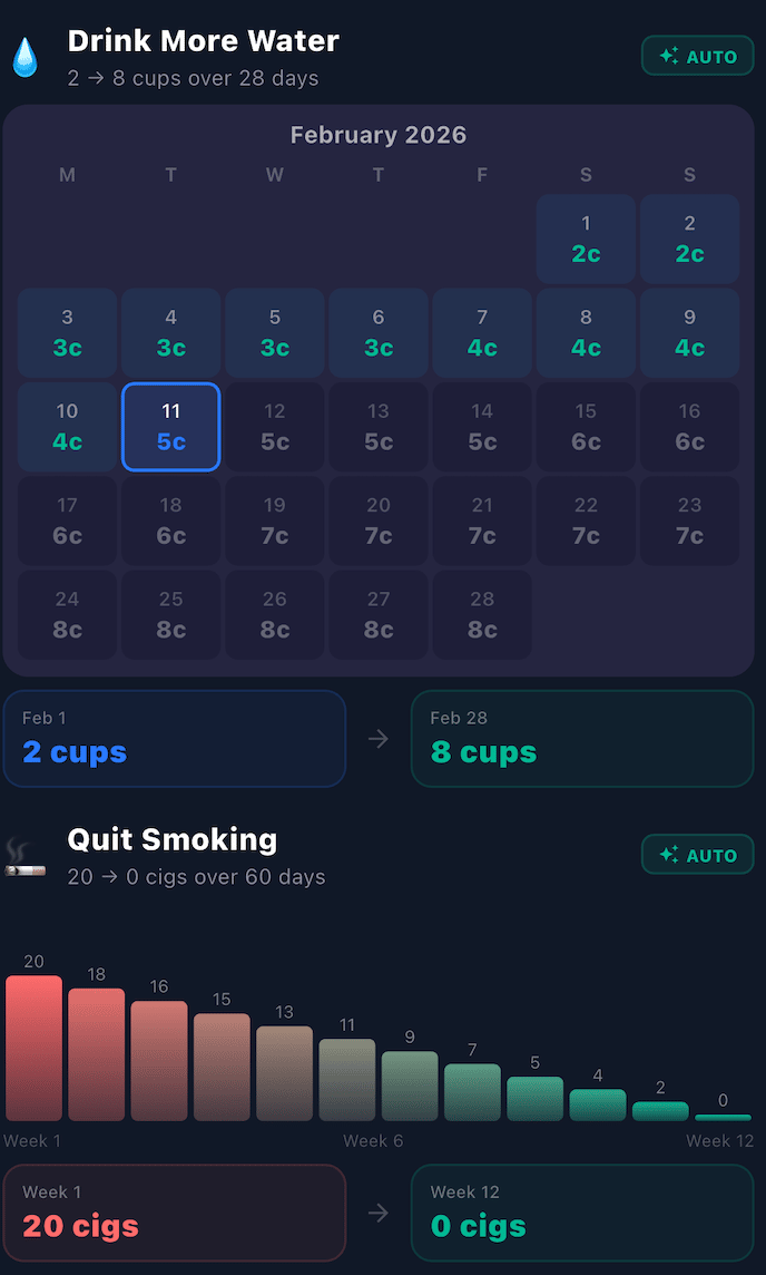 HabitIt AI habit tracker day-by-day plan showing Drink More Water and Quit Smoking journeys with auto-built daily targets