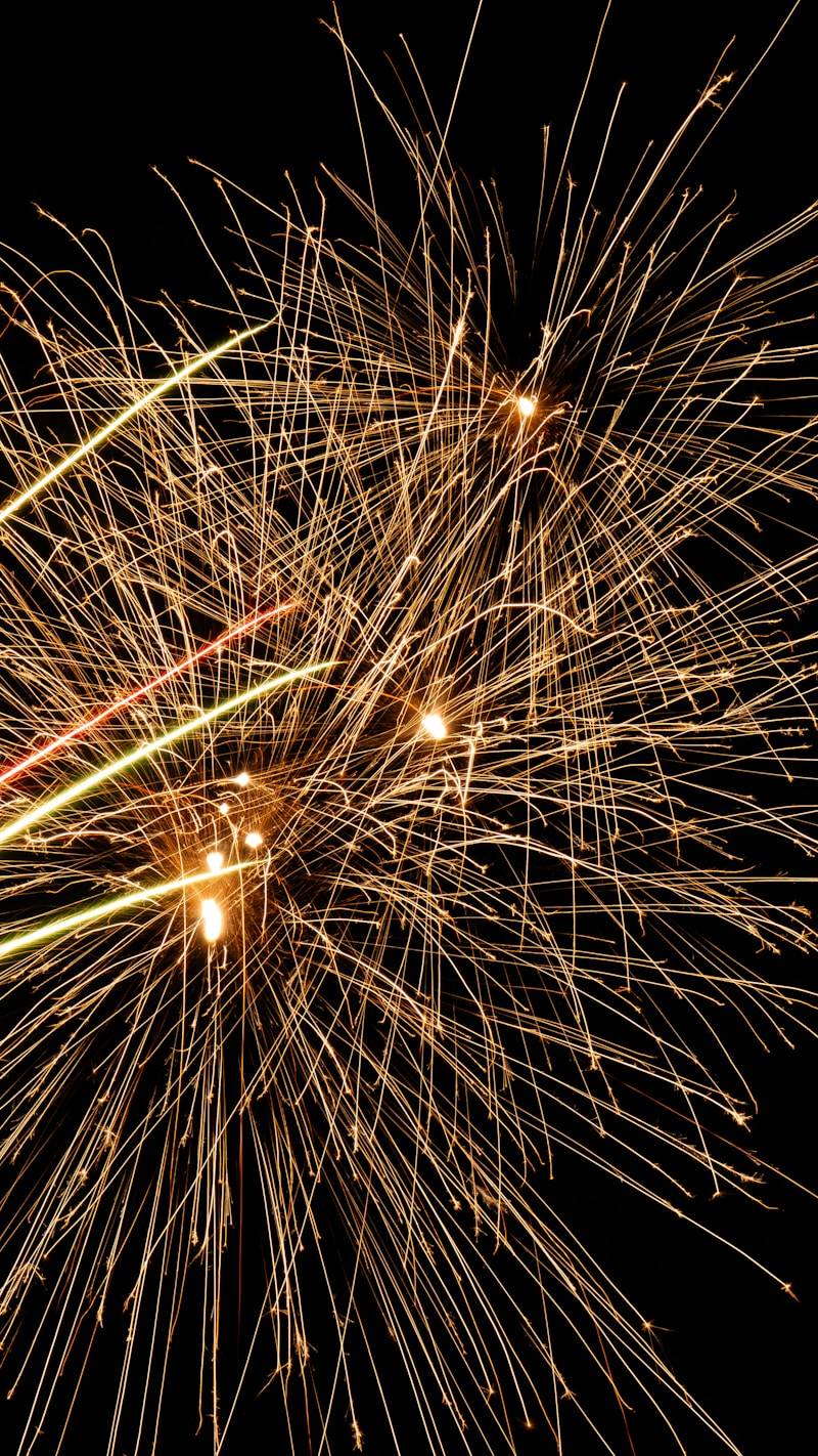 Golden fireworks explode against a black sky.