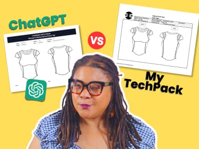 YouTube thumbnail showing a woman between two fashion tech pack images, with “ChatGPT” on the left, “VS” in the center, and “My TechPack” on the right, comparing an AI-generated tech pack with her own version.