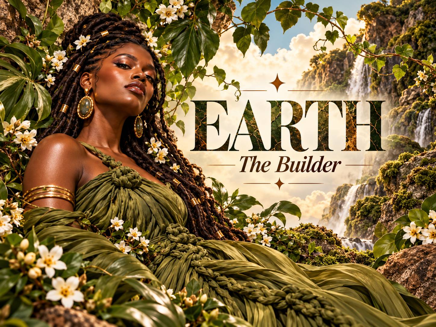 Black woman with locs in an olive-green gown surrounded by lush nature and waterfalls, with the text “EARTH: The Builder.”