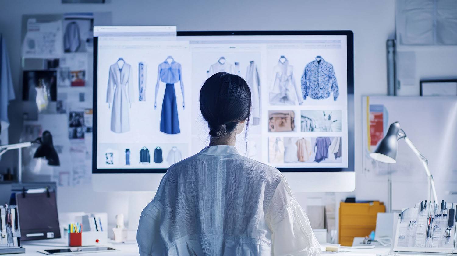 A fashion designer viewed from behind, standing in front of a large computer screen displaying digital fashion sketches, garment designs, and fabric swatches in a modern studio workspace.