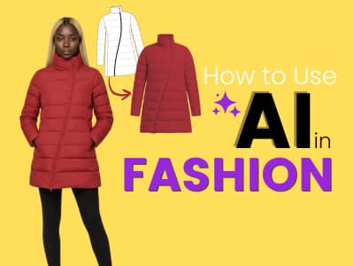 A fashion illustration-style thumbnail on a yellow background showing a model wearing a red quilted coat, with a flat sketch of the same coat and the text “How to Use AI in Fashion.