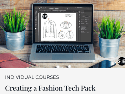 A laptop on a wooden desk displays a fashion tech pack design in Adobe Illustrator, showing detailed garment flats and measurement callouts. The laptop is framed by two potted green plants on each side, and the text below reads “Individual Courses – Creat