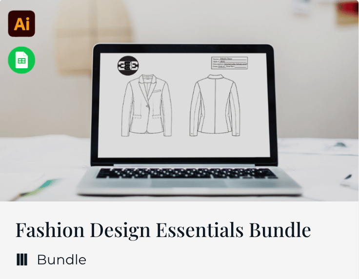 Laptop screen showing a flat sketch of a blazer front and back with a tech pack spec sheet, above the text 'Fashion Design Essentials Bundle.'