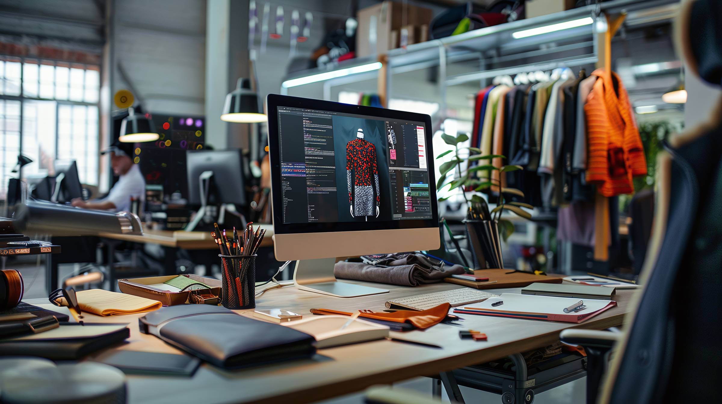 A fashion design workspace with a computer displaying 3D clothing design software showing a red top and gray skirt. The desk includes design tools, fabric swatches, and notebooks, with clothing racks visible in the bright studio background.