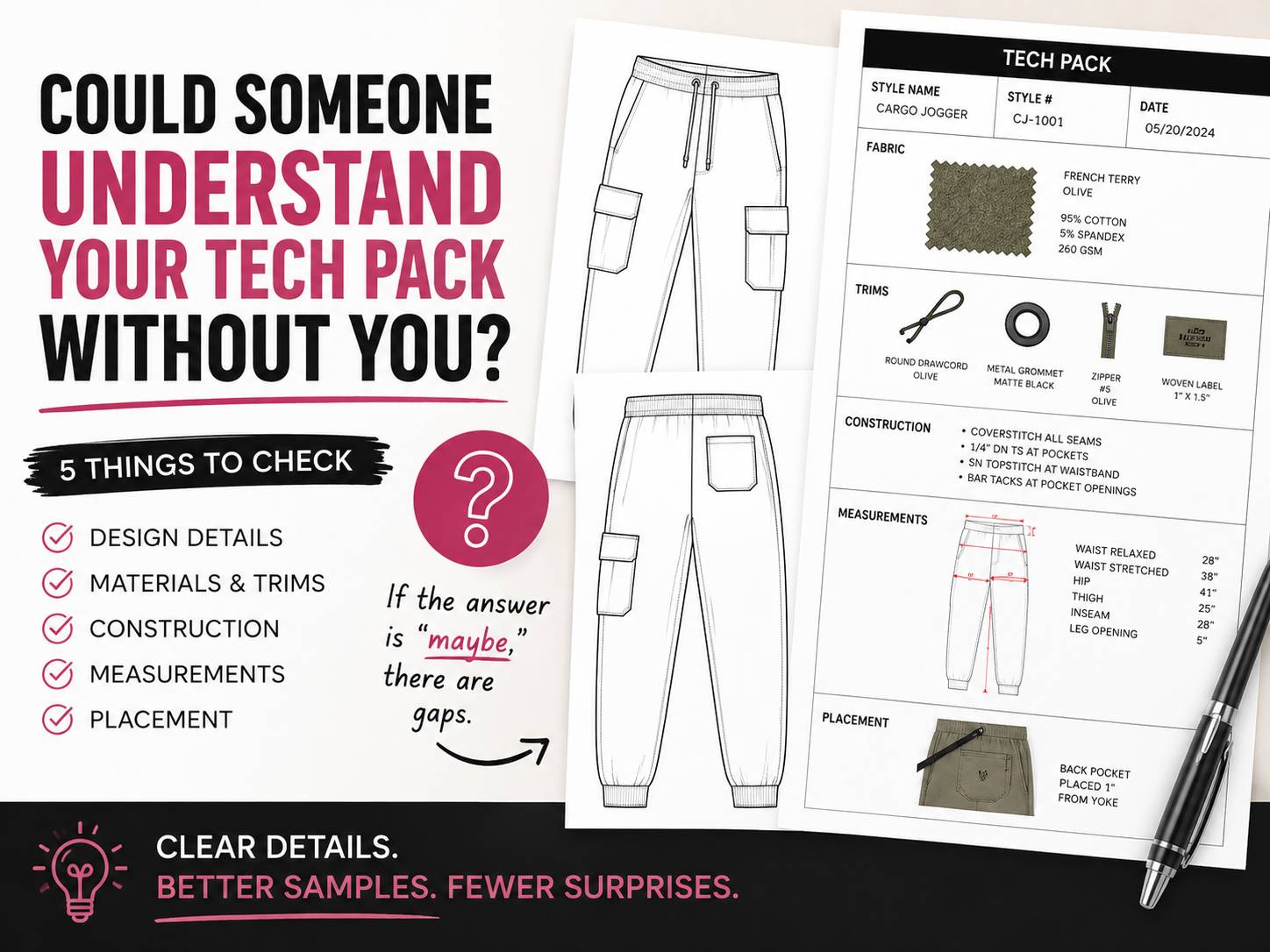 Fashion tech pack graphic asking, “Could someone understand your tech pack without you?” featuring technical flat sketches of cargo joggers and a detailed tech pack with fabric, trims, construction, measurements, and placement specifications.