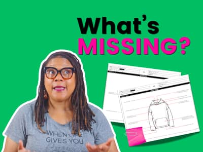 Woman reacting beside two fashion tech pack pages with the text ‘What’s Missing?’ on a bright green background.”
