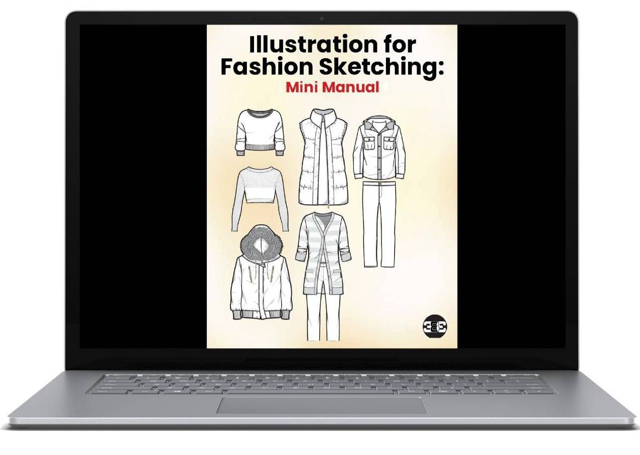 A silver laptop displaying the cover of the “Illustration for Fashion Sketching: Mini Manual,” featuring black-and-white flat fashion sketches of various garments, including tops, a vest, a jacket, pants, and a coat with a fur hood. The manual’s title app