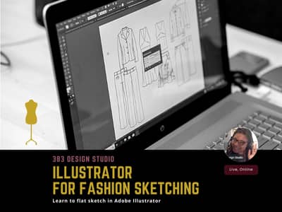 A laptop displaying Adobe Illustrator with flat sketches of fashion garments on the screen sits on a desk. The promotional graphic reads “383 Design Studio — Illustrator for Fashion Sketching: Learn to flat sketch in Adobe Illustrator,” with a small icon 