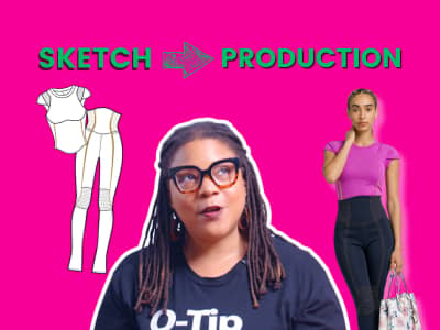 Bright pink graphic reading ‘Sketch to Production,’ featuring fashion sketches, a woman in glasses, and a model holding an oversized handbag.