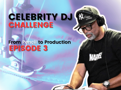 From Pencil to Production Episode 3 promotional graphic showing a DJ in headphones and glasses at turntables with purple-blue lighting. Text reads 'Celebrity DJ Challenge.'
