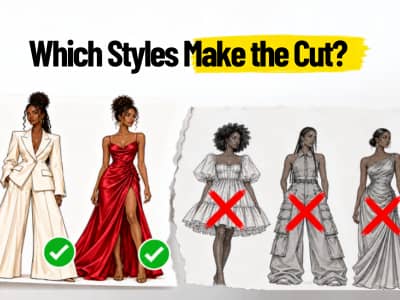 Graphic reading “Which Styles Make the Cut?” above five Black and brown fashion illustrations. Two colorful looks on the left are marked with green checkmarks, while three grayscale looks on the right are marked with red Xs, representing styles kept or cu