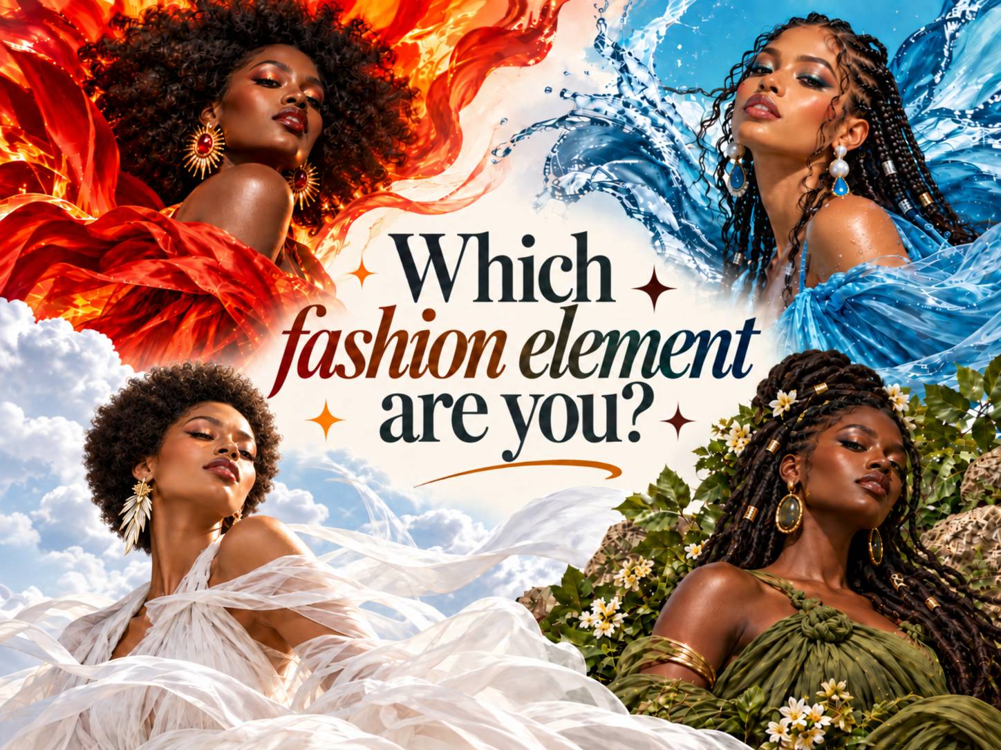 Four Black women representing Fire, Water, Air, and Earth around the text “Which fashion element are you?