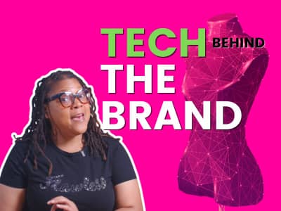 YouTube thumbnail with a woman wearing glasses on the left, bold text reading “TECH BEHIND THE BRAND” in green, white, and black, and a magenta wireframe dress form on a bright pink background.