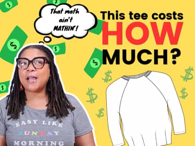 Mikelle Drew-Pellum looks skeptical next to the text 'This tee costs HOW MUCH?' with a white raglan tee sketch and dollar sign graphics on a yellow background.