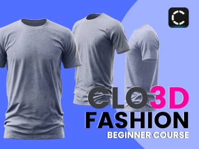 Graphic promoting a CLO3D Fashion Beginner Course, featuring three 3D-rendered gray T-shirts at different angles on a purple background, with the CLO3D logo in the top right corner
