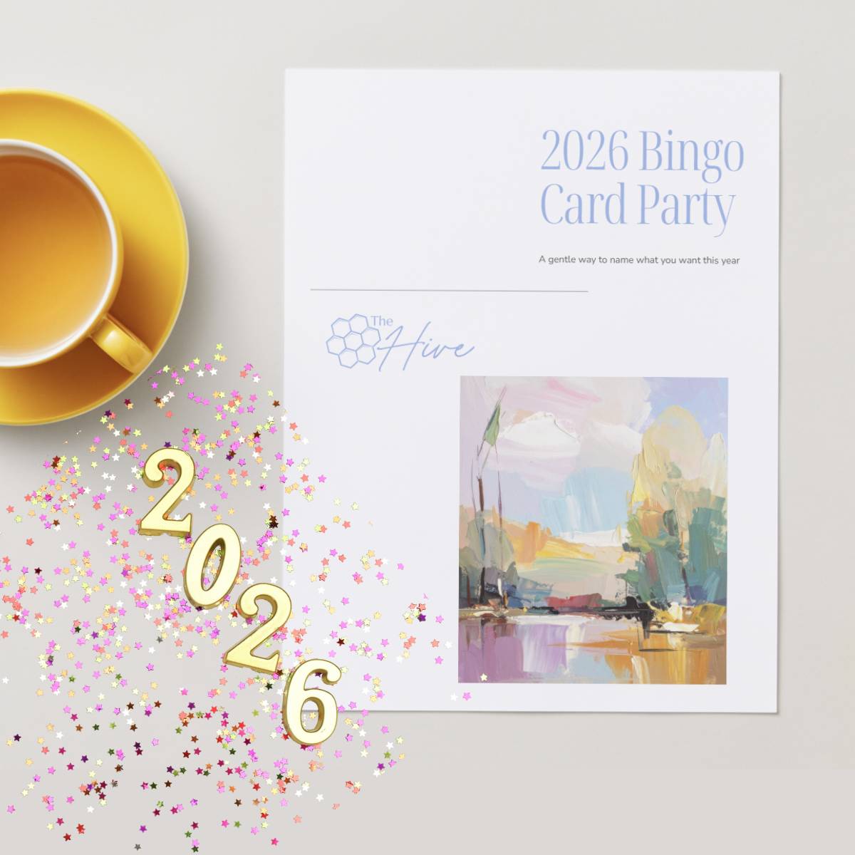 The Hive Bingo Card Party - workbook cover with confetti