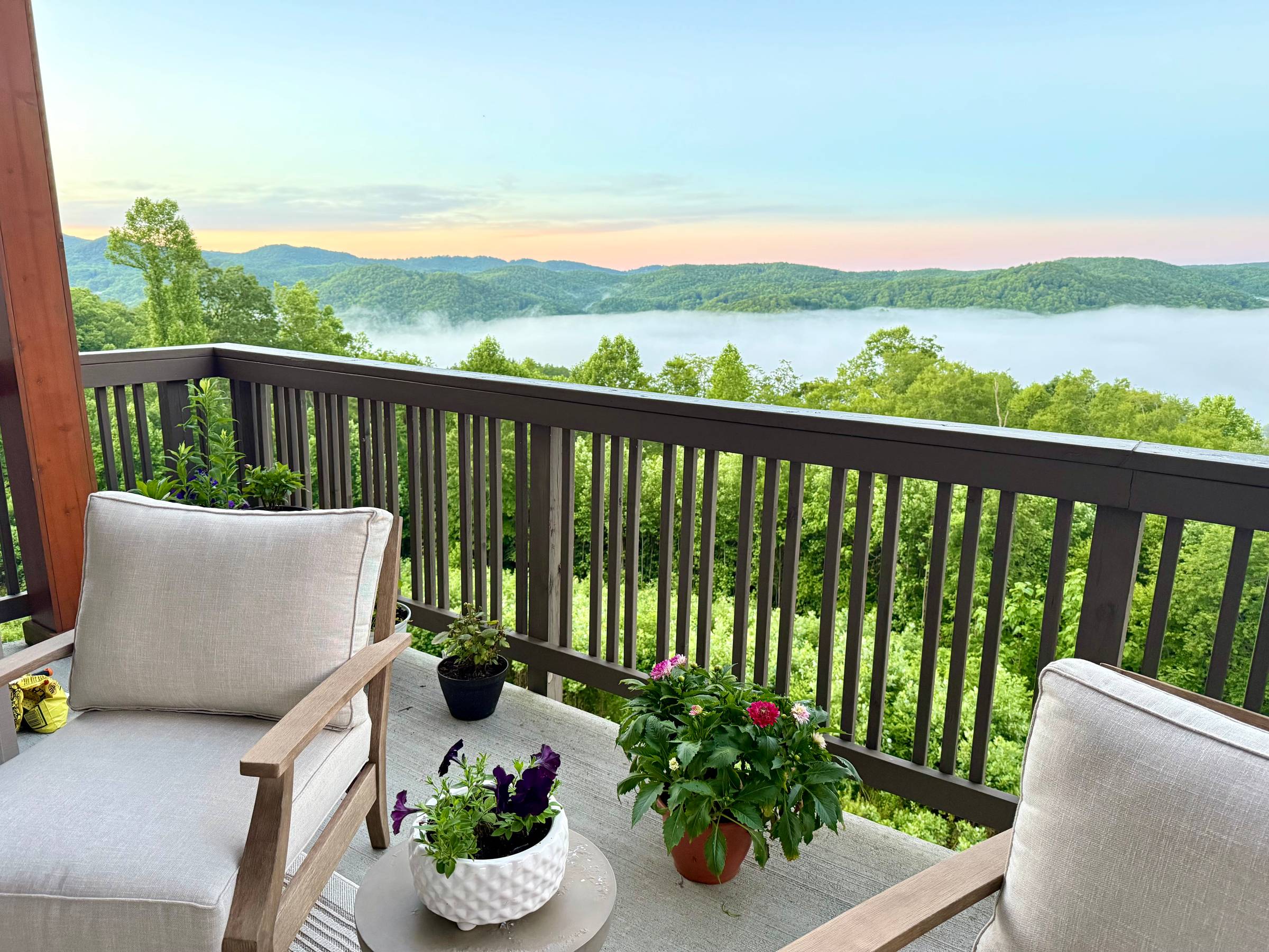 Patio view of the mountains with containers of plants and flowers