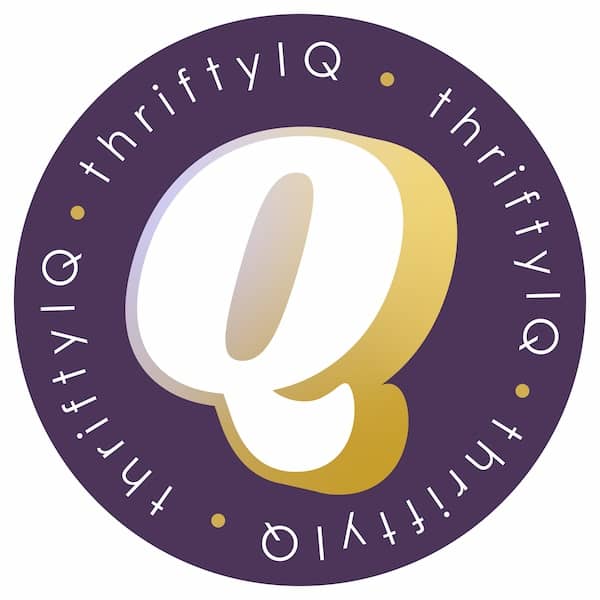 Purple, gold and white logo for thriftyIQ online reselling brand.