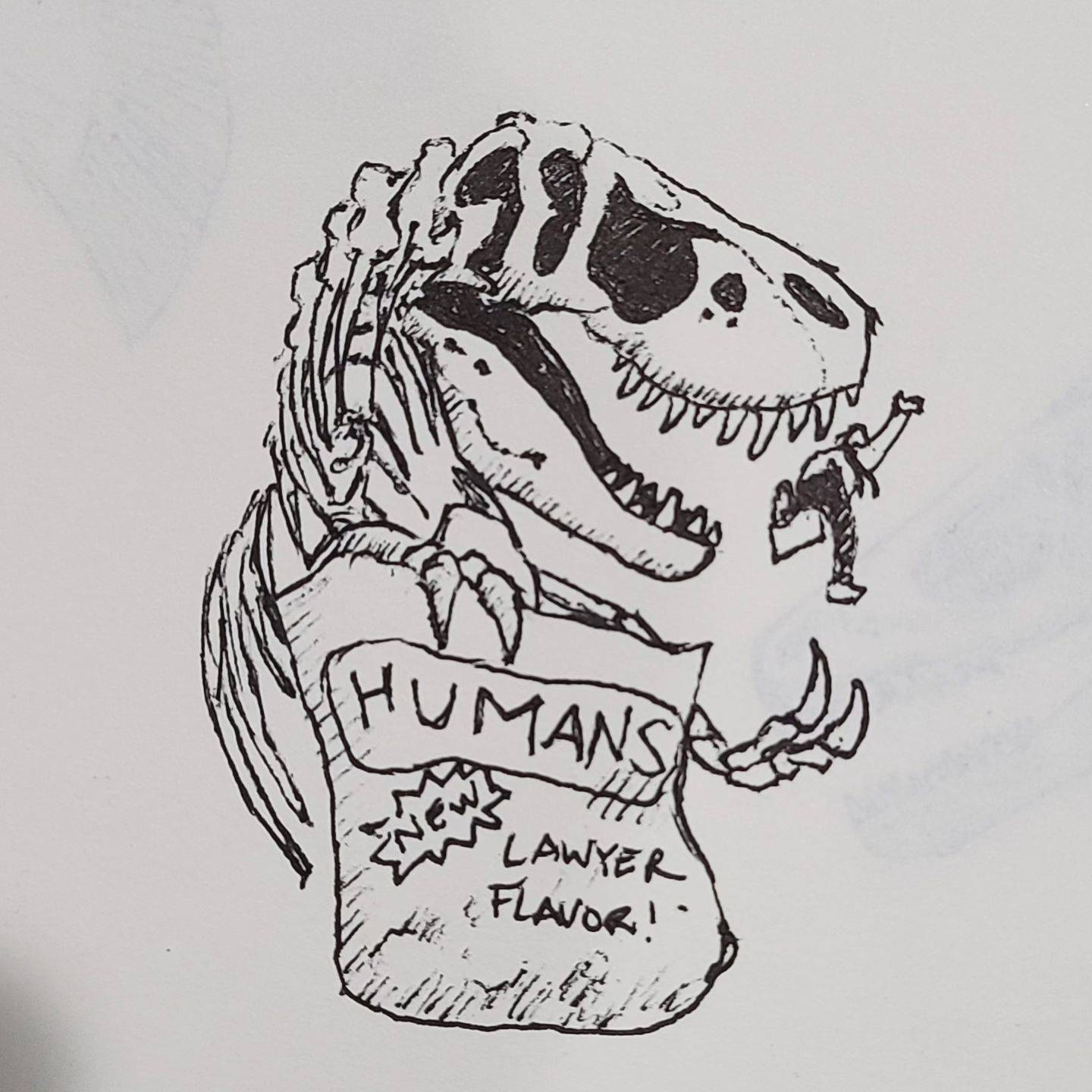 T-rex skeleton eating a bag of Humans, lawyer flavor