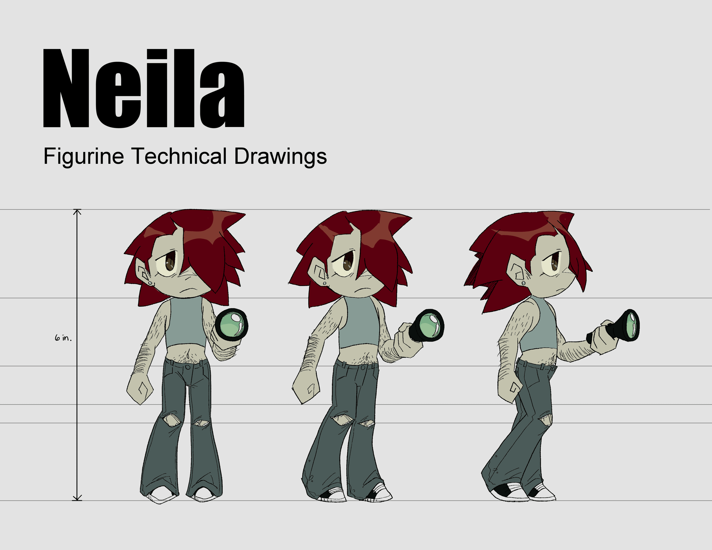A character turnaround of Neila, red hair covering one eye, wearing a grey crop top and shredded jeans, and holding a flashlight in their hand. She is drawn three times at different angles, one facing forward, one facing at a 45 degree angle to the right,