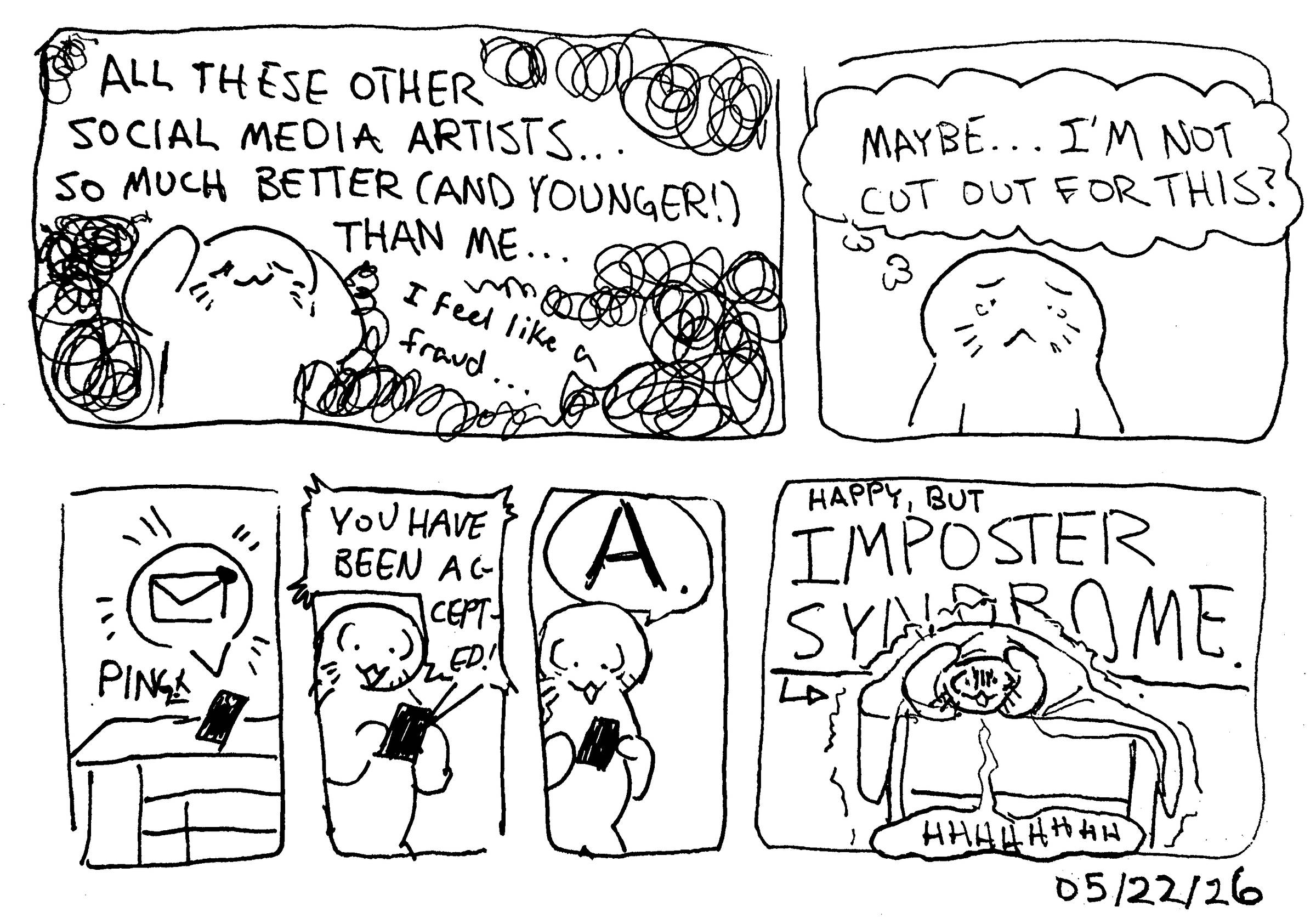 Comic of a seal wondering if they're cut out for being an artist. They get an email notification saying they've been accepted into a project! They're happy, but feel some impostor syndome.