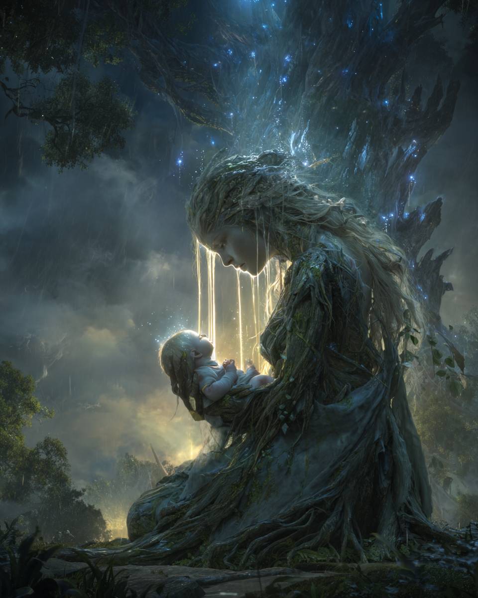 Mother of Trees holding baby Elliah