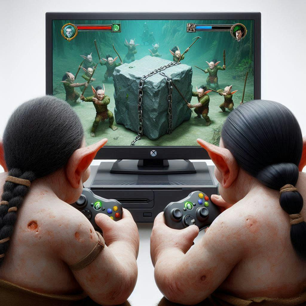 Two creatures playing a computer game