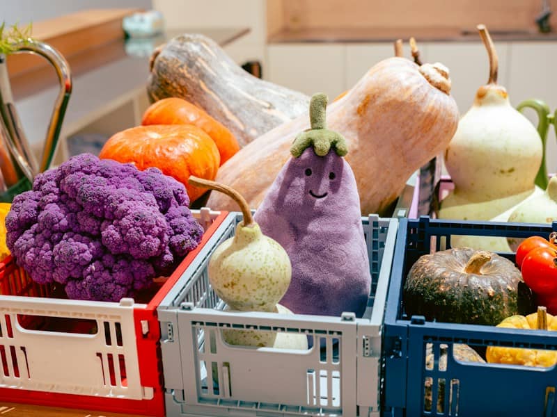 A purple cauliflower and a plush eggplant in colorful plastic crates with various gourds