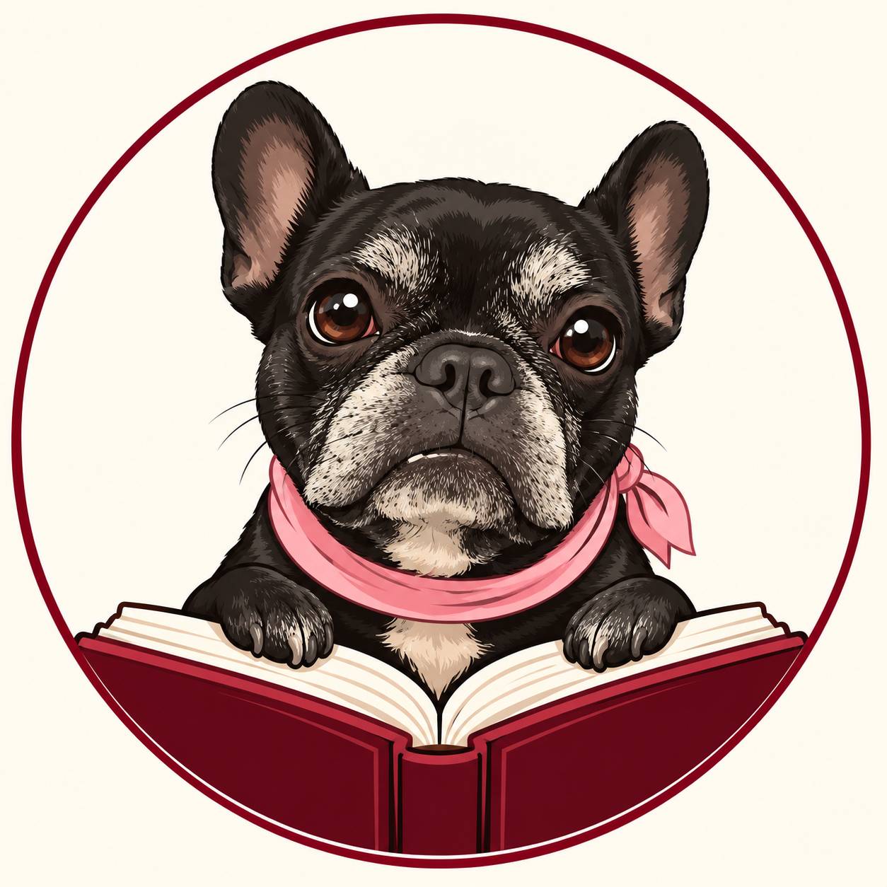 Nora Fabis — black French bulldog with a pink scarf and an open book