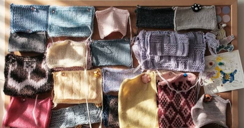 Many colorful knitted yarn swatches pinned to a cork board in a workspace