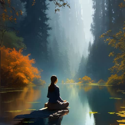 Woman sitting on stone jutting out into a serene pond in the forest