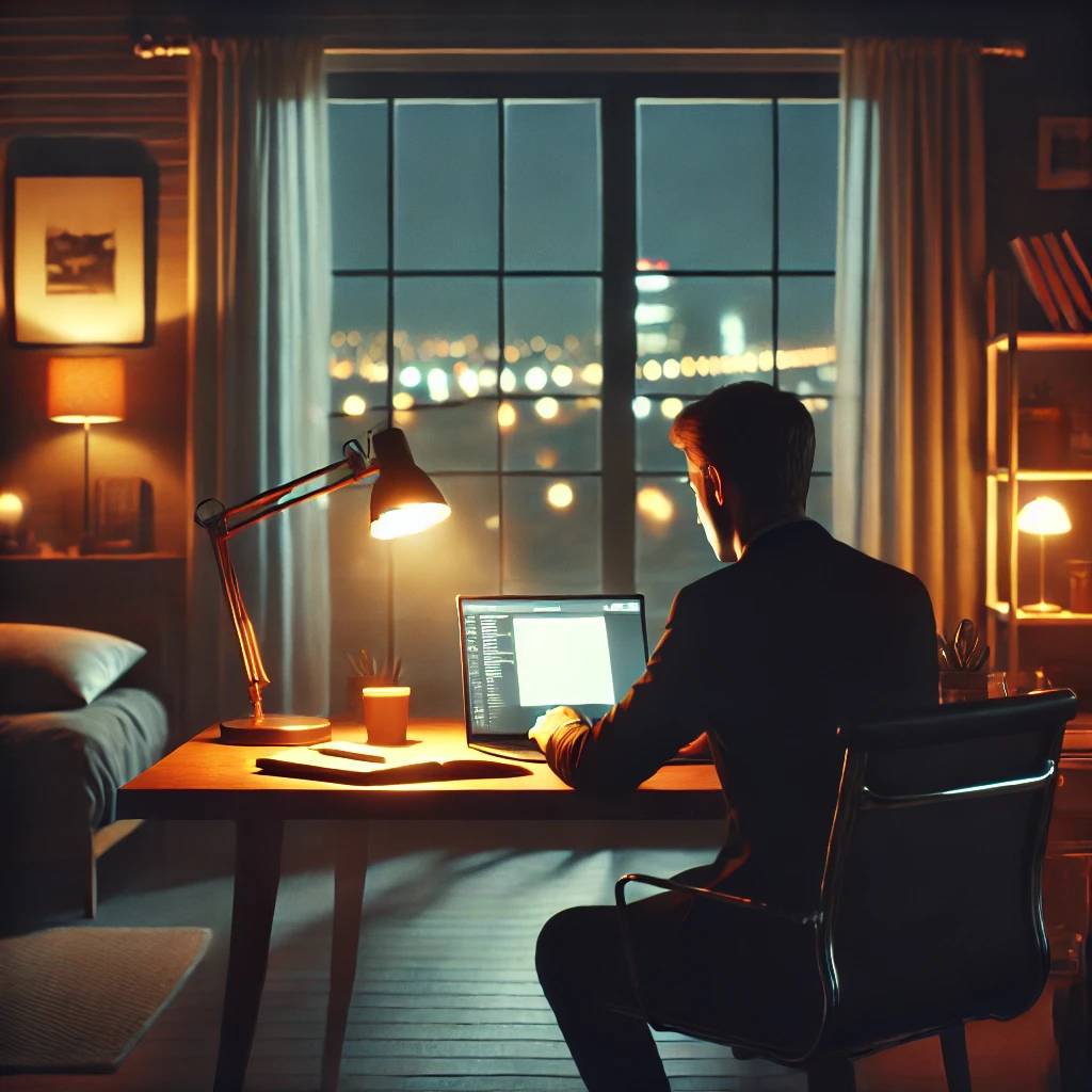 Man working on a laptop at night in a cozy, softly lit room, focused and surrounded by books, plants, and warm lighting.