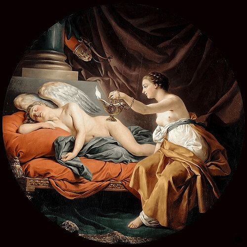 Psyche holds a lamp over the sleeping Eros, discovering the beauty of the god she had only known in darkness.