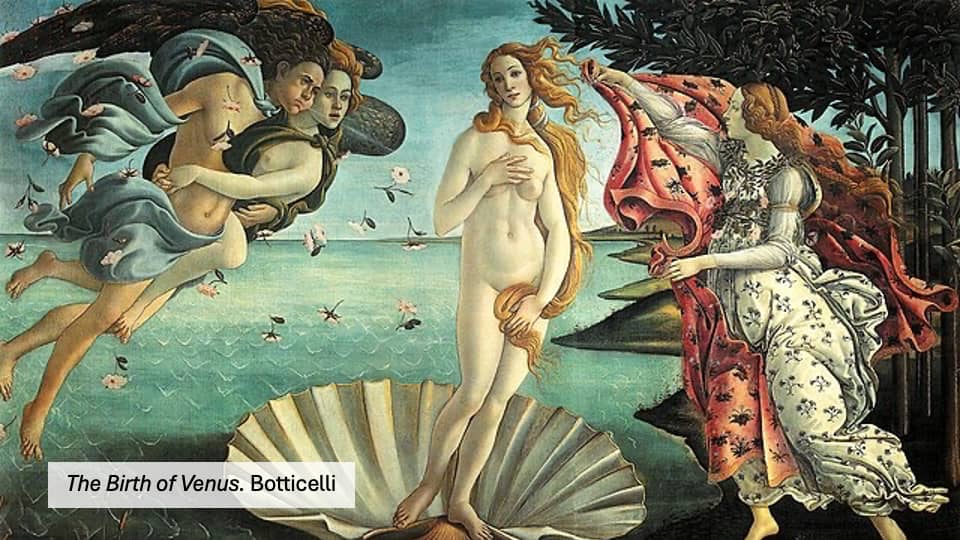 Botticelli’s Venus arriving on a seashell, carried toward shore by the wind.