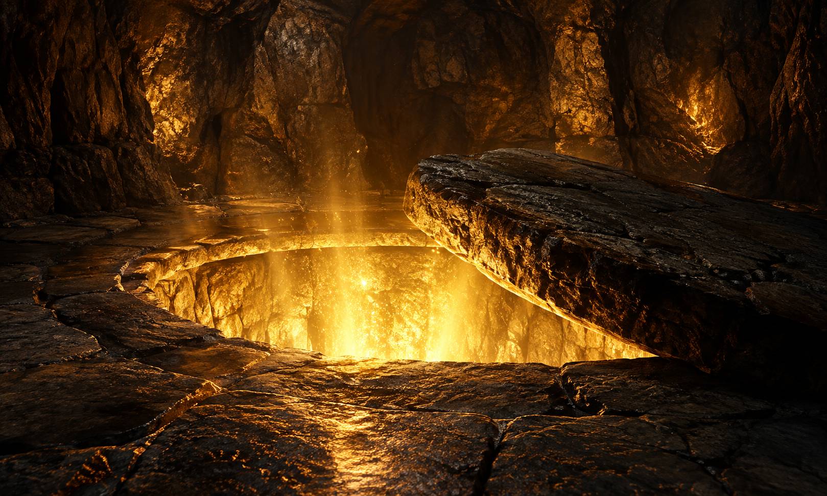 A stone pivoting in a cave revealing a bright golden light beneath.