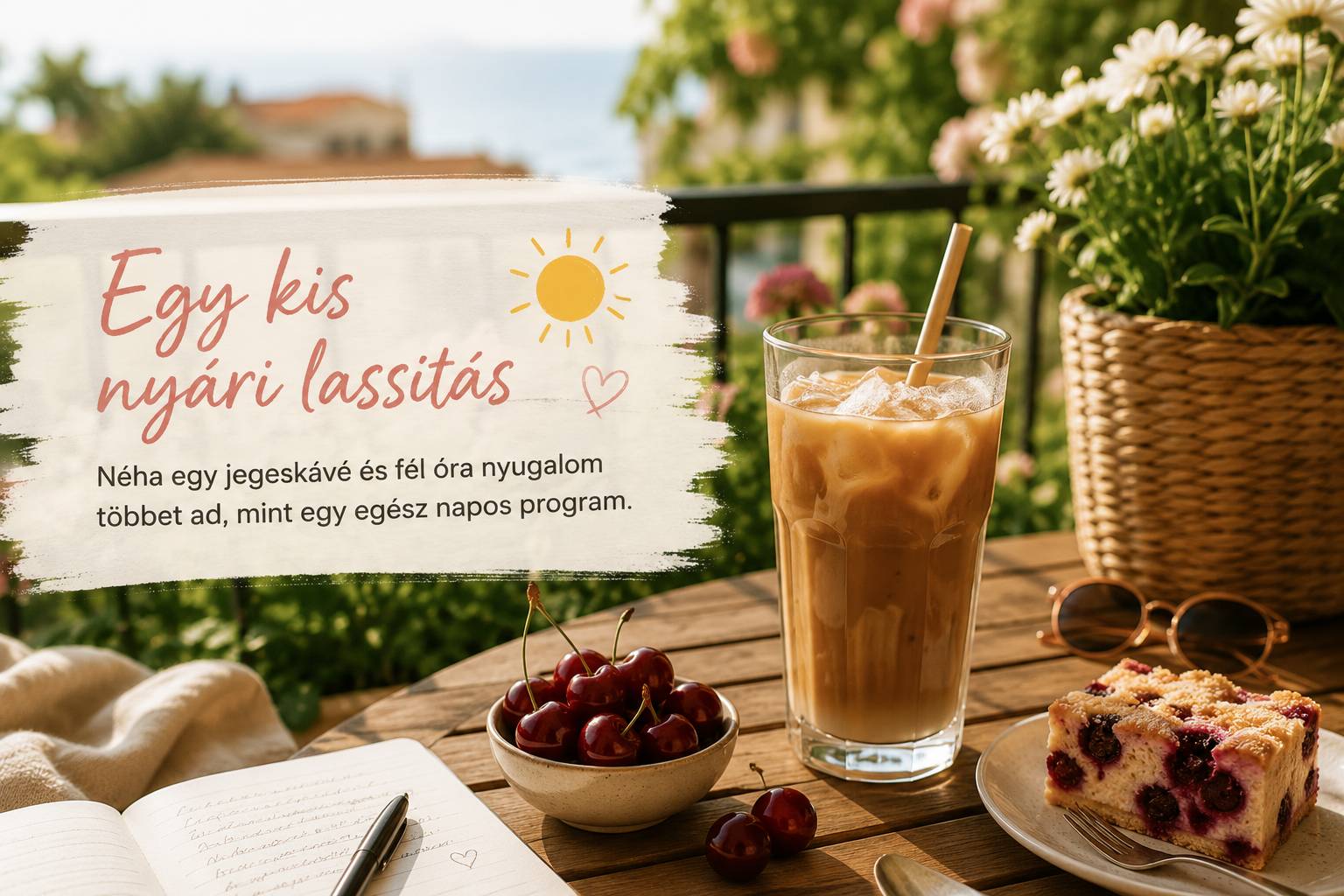 Nyári balkonon tálalt jegeskávé, cseresznye és sütemény egy lassú, pihentet? délután hangulatában.