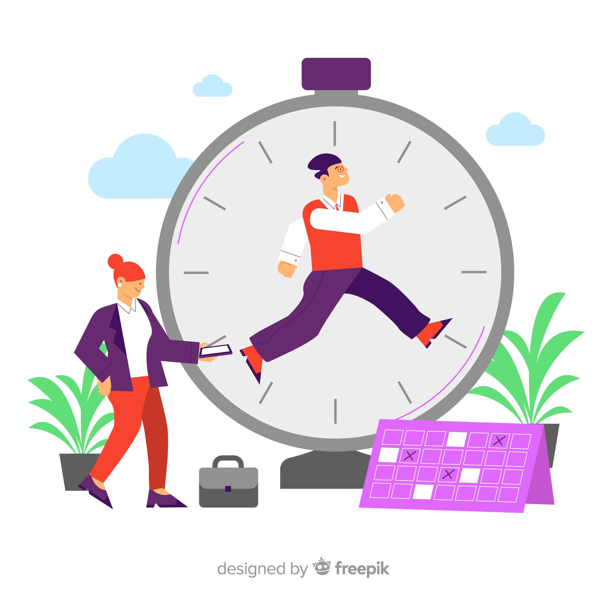 Two businesspeople with a giant clock and a calendar. The woman appears to be timing the man.