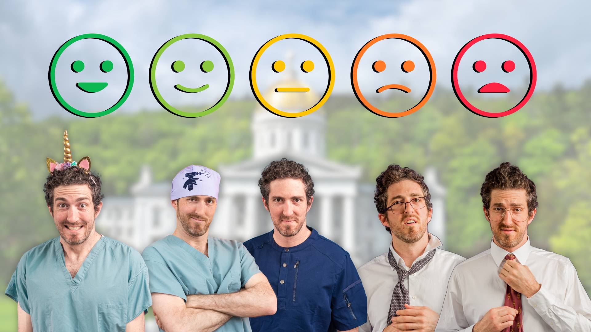 A scale of happy face to frowny faces represented by Glaucomflecken characters. From happiest to least happy: Pediatrician, Ortho Bro, Jonathan, Family Medicine, Neurology